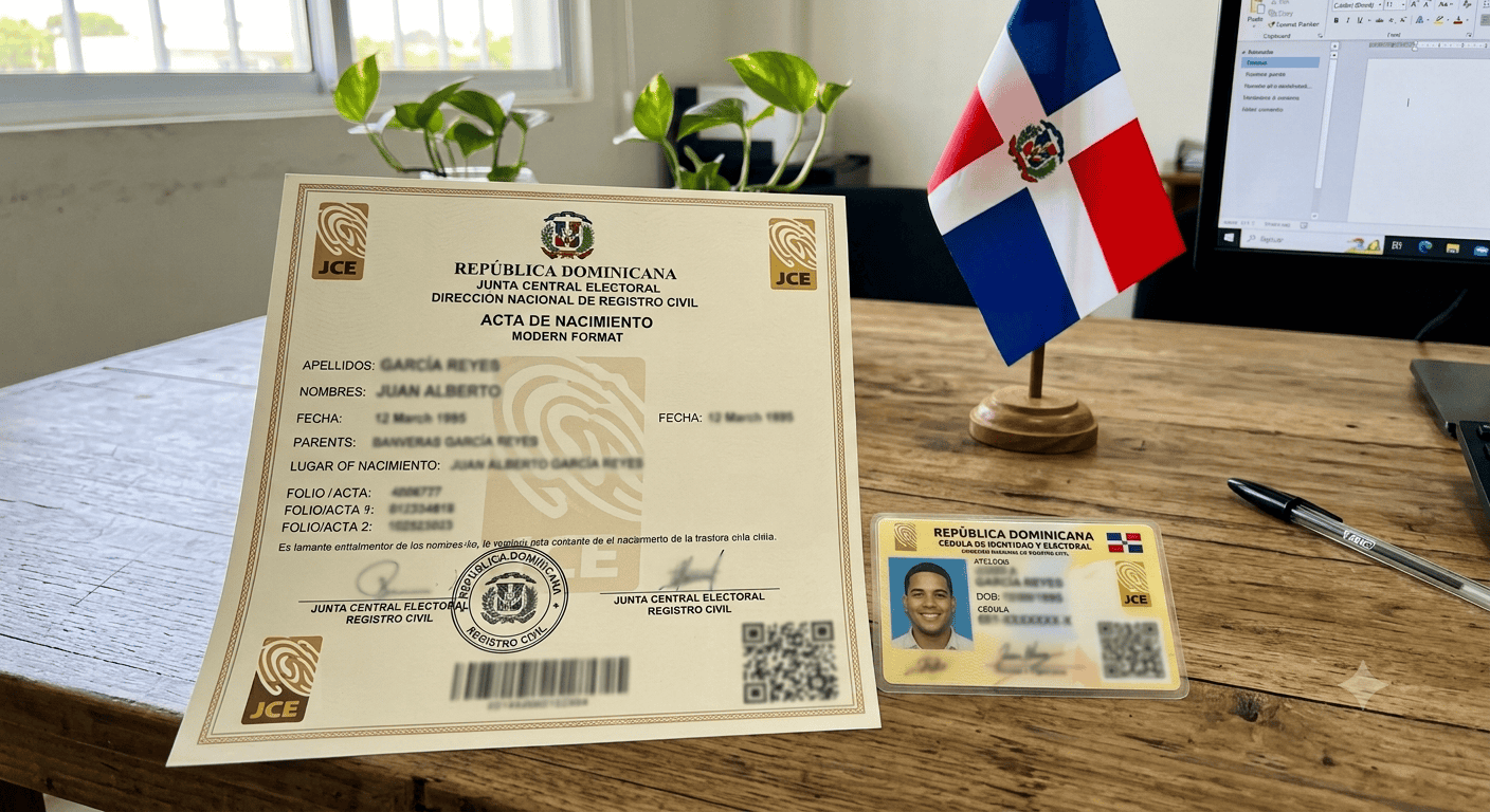 Acta de nacimiento dominicana moderna con código QR y cédula de identidad en Nueva York 2026